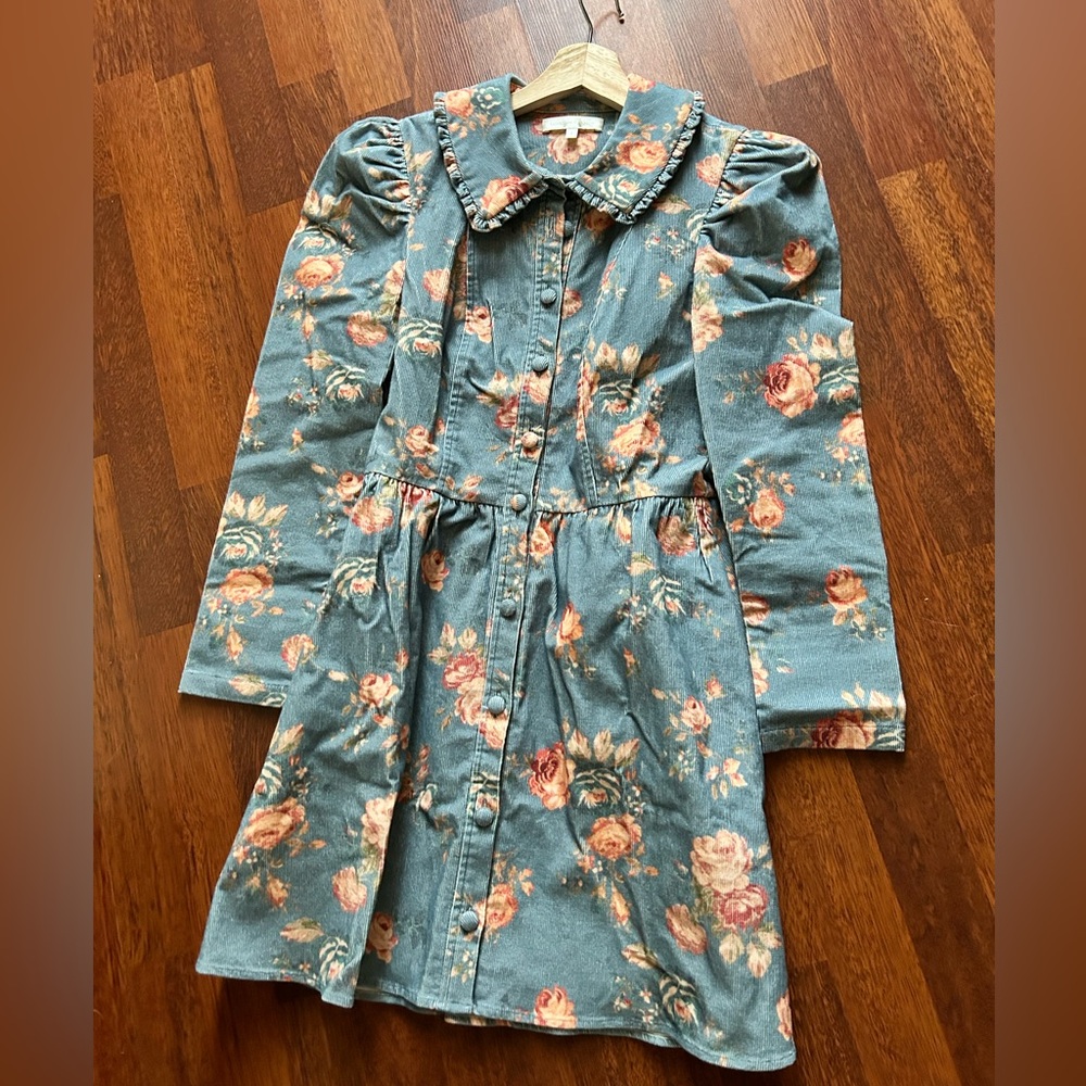NWOT Loveshackfancy Beyers Ruffle Trim Collar Corduroy Puff Sleeve Mini Dress 2 - Picture 10 of 17